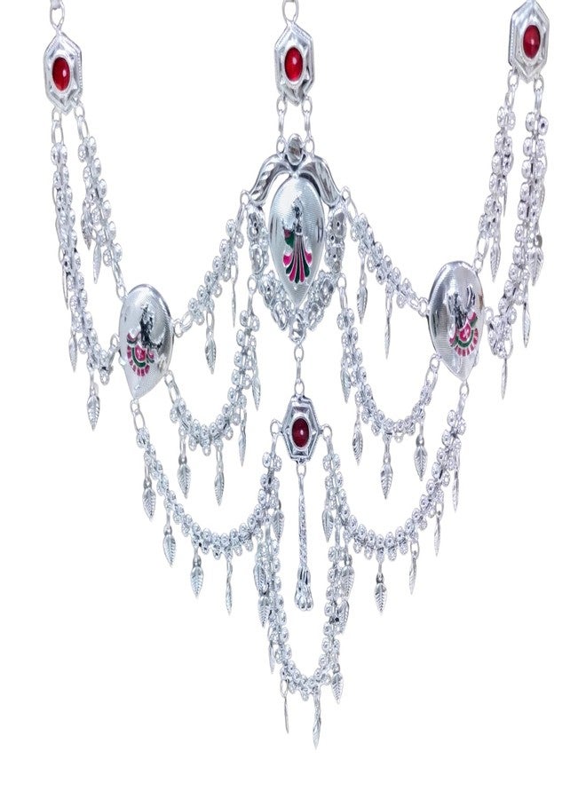 Wedding Oxidised Kamar Band for Women | Traditional Indian Belly Chain with Beaded Chains & Hanging Bells | Red & Green Peacock Doll Design (Style 3)