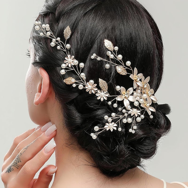 ChicAbode Wedding Hair Accessories for Brides & Bridesmaids, Rose Gold Leaf Bead Headpieces Clip Crystal Bridal Headdress Flower Accessories, Bridal Hair Accessories Gold - Image 2