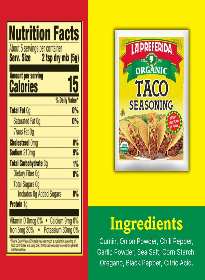 La Preferida Organic Taco Seasoning (Chef-Crafted Mexican Spice Blend) Cumin, Paprika, Garlic – USDA Certified, No Artificial Ingredients. Great for Tacos, Rubs, Dips, 1oz (Pack of 3) - Image 2