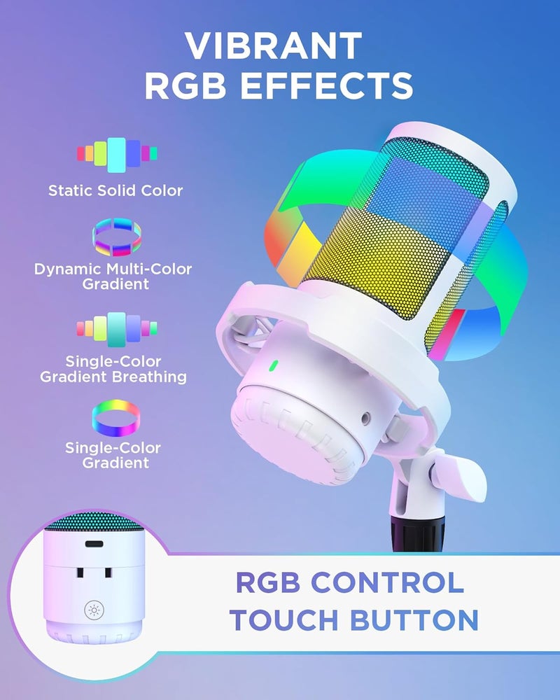 InnoGear USB Gaming Microphone Set Noise Cancellation Condenser Mic with Boom Arm RGB Mute Headphones Jack for Streaming Podcasting Recording Vocal PC Computer YouTube Discord PS4 PS5 White - Image 4