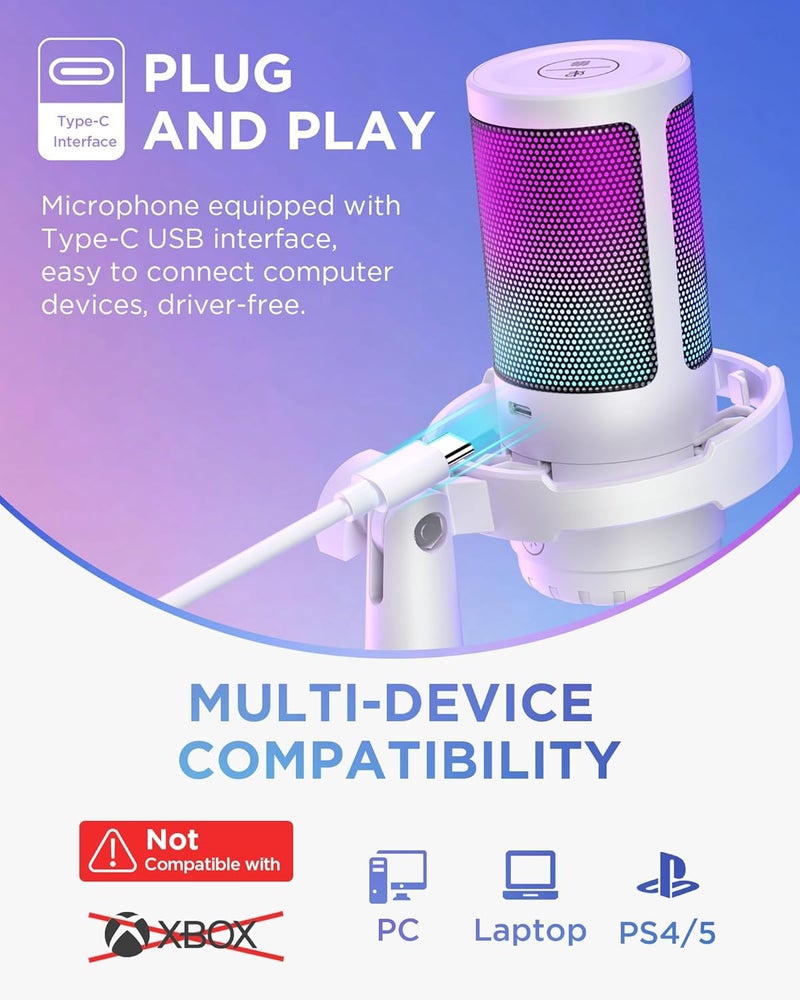 InnoGear USB Gaming Microphone Set Noise Cancellation Condenser Mic with Boom Arm RGB Mute Headphones Jack for Streaming Podcasting Recording Vocal PC Computer YouTube Discord PS4 PS5 White - Image 5