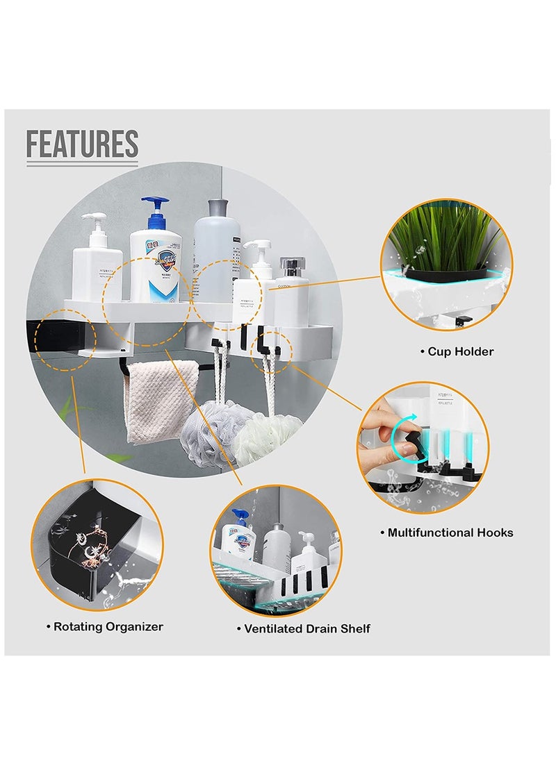 HomarKet - 2-Layer Wall Mount Self Adhesive Rotating Shower Caddy Corner Storage Shelf White/Grey - Image 1