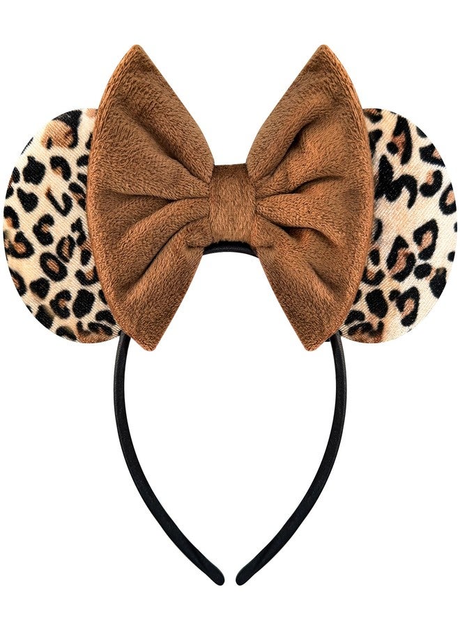Bmobuo Leopard Print Mouse Ears Headband for Women, Brown Fuzzy Bows Park Ears, Cute Christmas Hairband