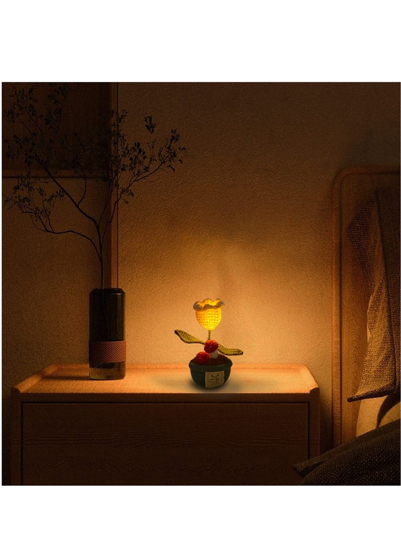 Captaintech Lily of The Valley Flowers Crochet Flowers Pot with Night Light Finished Hand Woven Flowers Knitted Flower Night Lights Handmade Crochet Flower Bouquet Decoration for Bedroom Home Office - Image 2