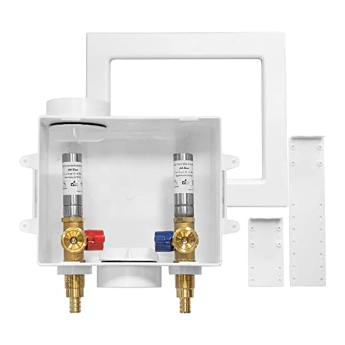 GUOFIS Washing Machine Outlet Box with Stainless Steel Water Hammer Arrestor,1/2 Inch PEX Inlet x 3/4 Inch MHT Outlet Connection Laundry Outlet Boxes,Washer Plumbing Box with Center Drain(WM007) - Image 1