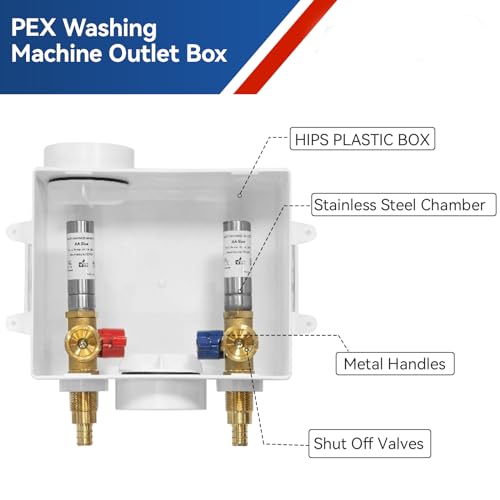 GUOFIS Washing Machine Outlet Box with Stainless Steel Water Hammer Arrestor,1/2 Inch PEX Inlet x 3/4 Inch MHT Outlet Connection Laundry Outlet Boxes,Washer Plumbing Box with Center Drain(WM007) - Image 2