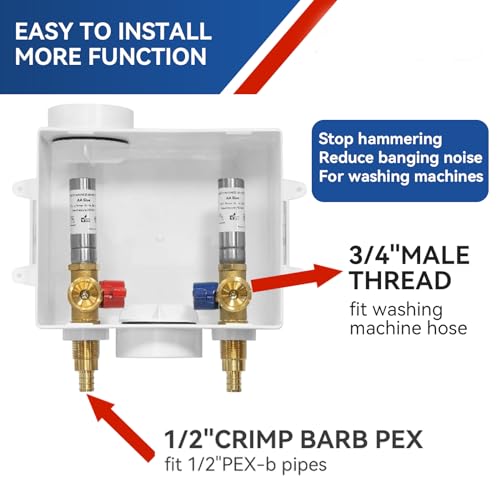 GUOFIS Washing Machine Outlet Box with Stainless Steel Water Hammer Arrestor,1/2 Inch PEX Inlet x 3/4 Inch MHT Outlet Connection Laundry Outlet Boxes,Washer Plumbing Box with Center Drain(WM007) - Image 4