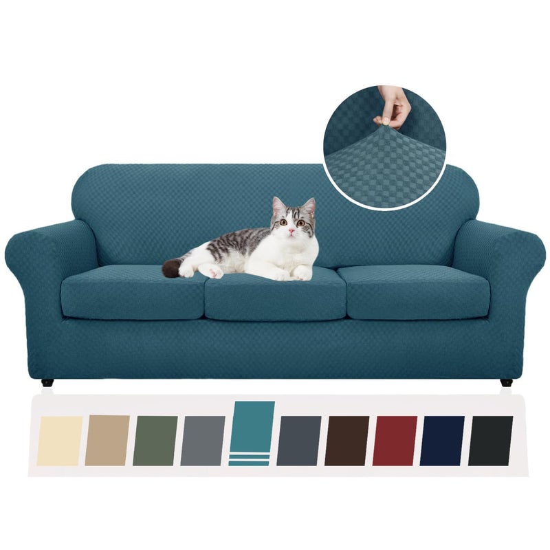 YEMYHOM Latest Checkered 4 Pieces Couch Covers for 3 Cushion Couch High Stretch Thickened Sofa Cover for Dogs Pets Elastic Slipcovers Living Room Furniture Protector Teal 71913 Cushions