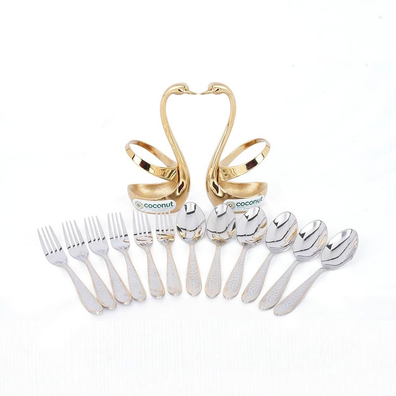 Coconut Stainless Steel Cutlery Set Premium Design Spoon and Fork with Gold Colour Polish Stand Set of 12 with 2 Stand - Image 2