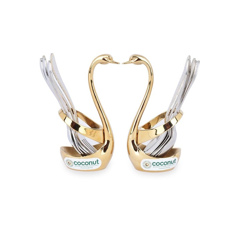 Coconut Stainless Steel Cutlery Set Premium Design Spoon and Fork with Gold Colour Polish Stand Set of 12 with 2 Stand - Image 1