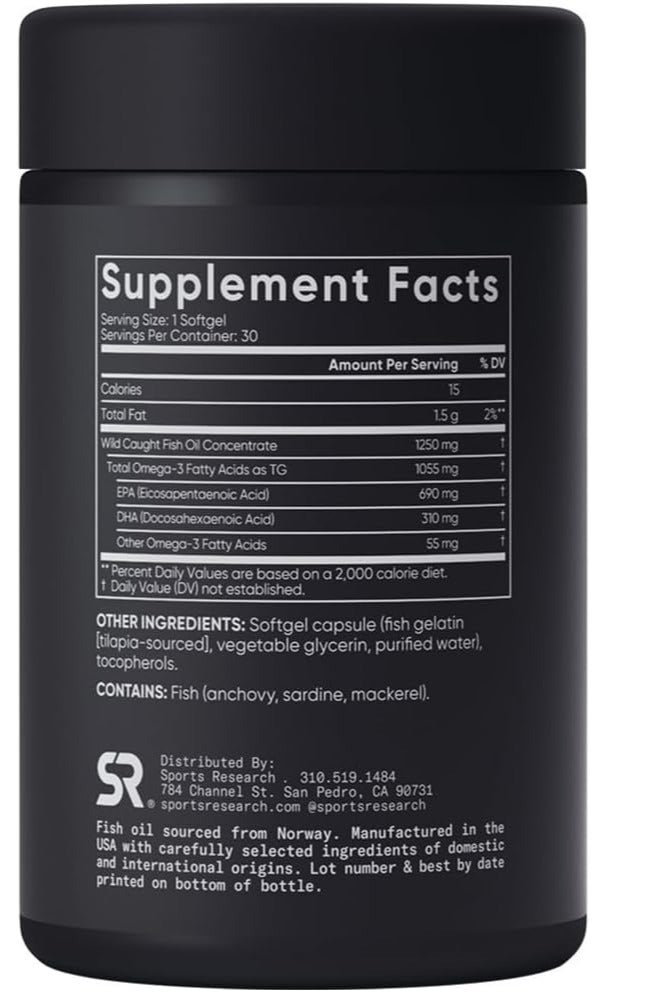 SPORTS RESEARCH Omega-3 Fish Oil, Triple Strength, 30 Softgels 30 Servings - Image 2