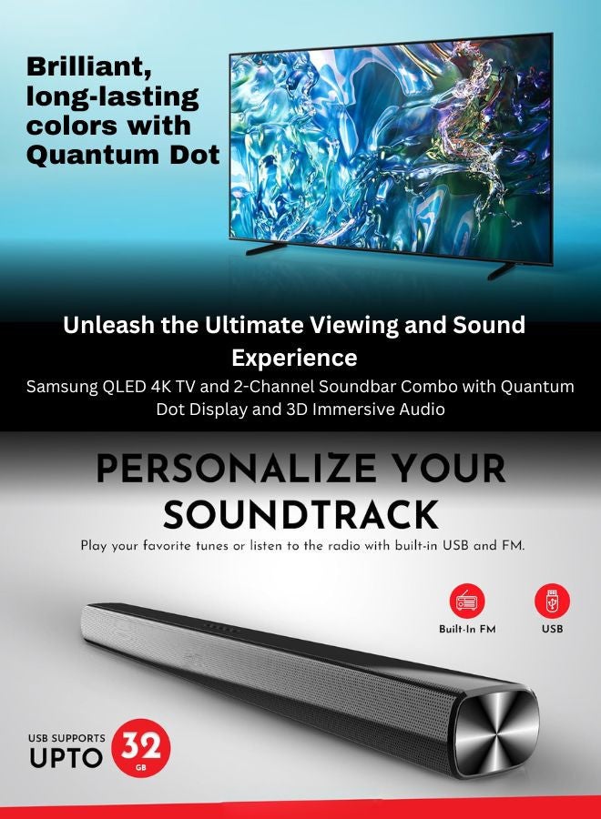 Samsung 75-Inch QLED 4K Q60D Tizen OS Smart TV with HDR10+, 4K Upscaling, AirSlim Design With 2.0 Channel Soundbar 30W, HDMI ARC, Bluetooth, USB, MP3, FM Station 75Q60D+SOUNDBAR Black - Image 3