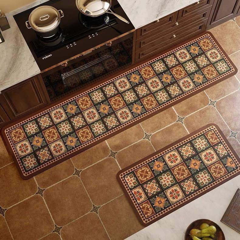 Xlot Kitchen Mats for Floor 2Pcs, Washable Anti Fatigue Mat for Cushioned, 15.7"x23.6"+15.7"x47.2", Waterproof Kitchen Rugs, Non Slip Comfort Standing Mat Rug for Home, Sink, Laundry (Retro patterns) - Image 2