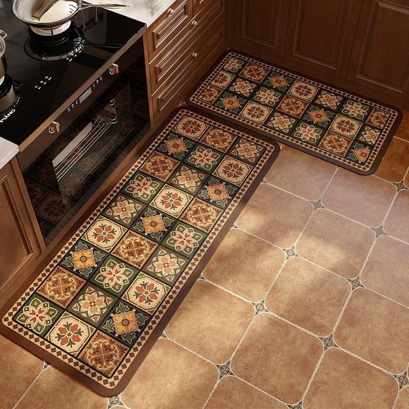 Xlot Kitchen Mats for Floor 2Pcs, Washable Anti Fatigue Mat for Cushioned, 15.7"x23.6"+15.7"x47.2", Waterproof Kitchen Rugs, Non Slip Comfort Standing Mat Rug for Home, Sink, Laundry (Retro patterns) - Image 3
