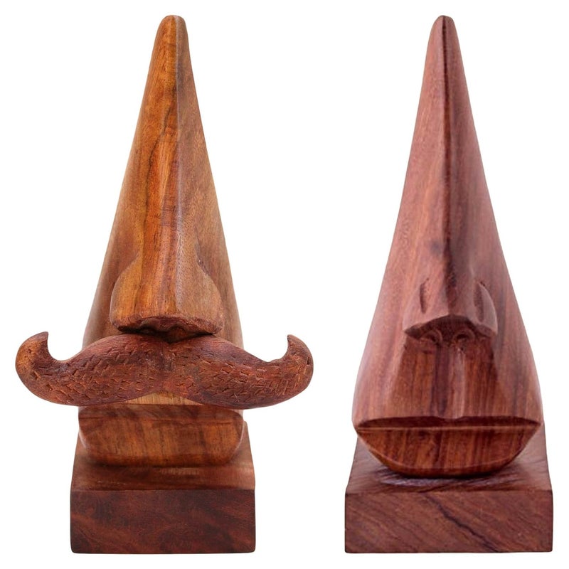 ITOS365 Handmade Wooden Nose Shaped Spectacle Specs Eyeglass Holder Stand Figurine with Moustache -Set of 2 - Image 1