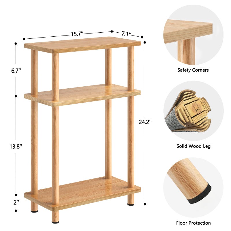 Apicizon Small Narrow Side Table, 3-Tier Skinny End Table for Small Spaces, Slim Nightstand with Storage Shelf, Bedside Table for Living Room, Bedroom, Natural - Image 2