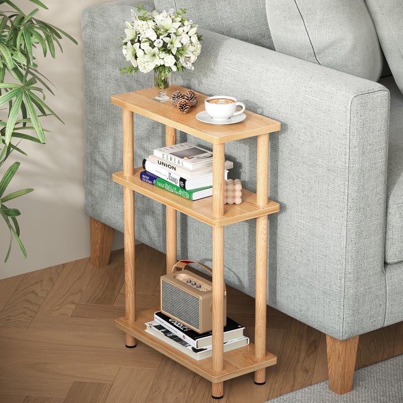 Apicizon Small Narrow Side Table, 3-Tier Skinny End Table for Small Spaces, Slim Nightstand with Storage Shelf, Bedside Table for Living Room, Bedroom, Natural - Image 1