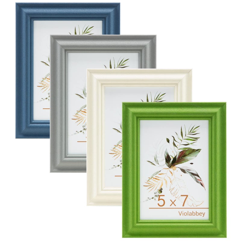 VIOLABBEY 5x7 Picture Frame Set of 4  5 x 7 Picture/Photo Frame for Wall Mounted or Tabletop Display  Real Glass  Family Friends Gift (Green+White+Grey+Blue) - Image 1