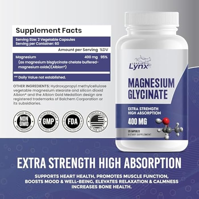 Leaping Lynx Magnesium Glycinate 400mg – High Absorption, Extra Strength Chelated Magnesium | 120 Capsules (60-Day Supply) | Calm, Muscle Recovery, Sleep & Bone Health | Non-GMO - Image 3