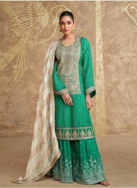 Ready To Wear Chinon Silk Festival Wear Green Suit And Plazo Plus Dupatta With Embroidery