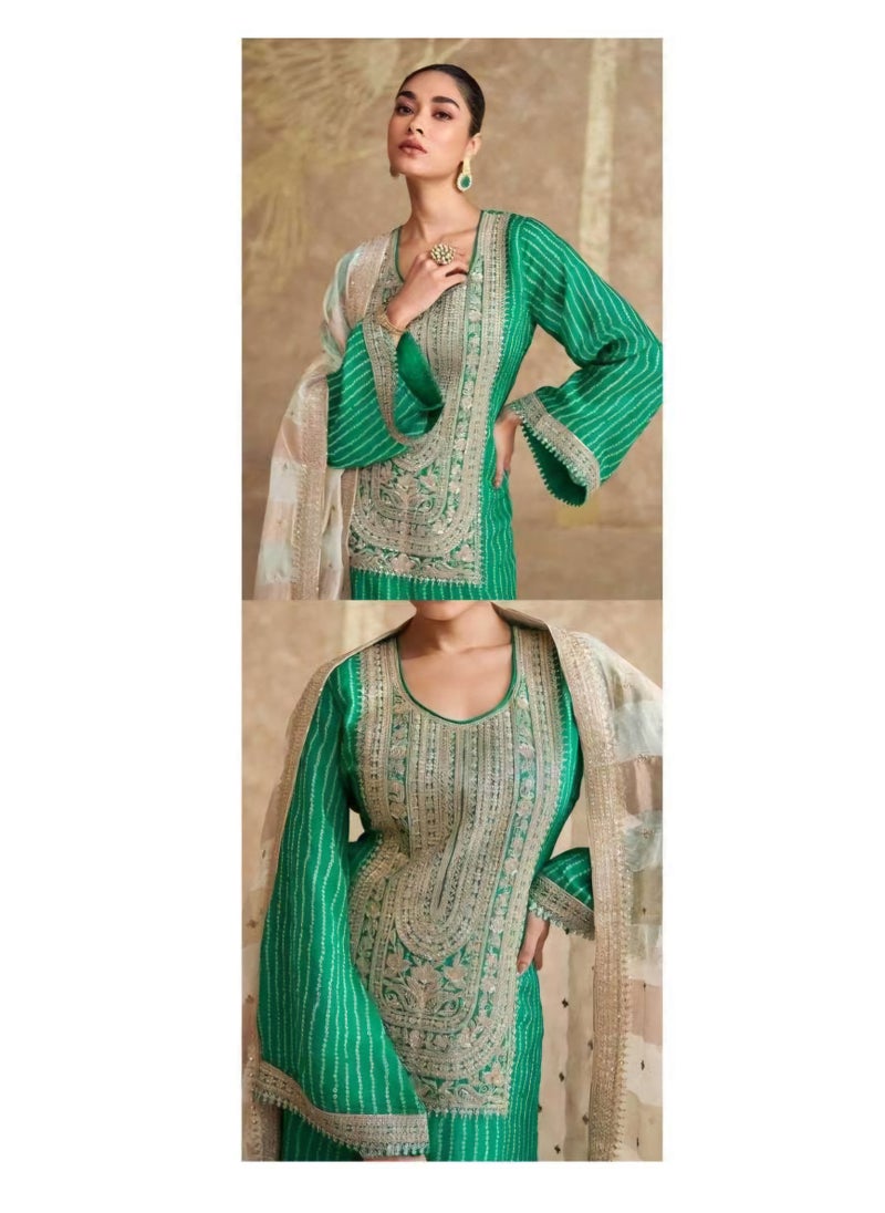 Grab Mantra - Ready To Wear Chinon Silk Festival Wear Green Suit And Plazo Plus Dupatta With Embroidery - Image 1