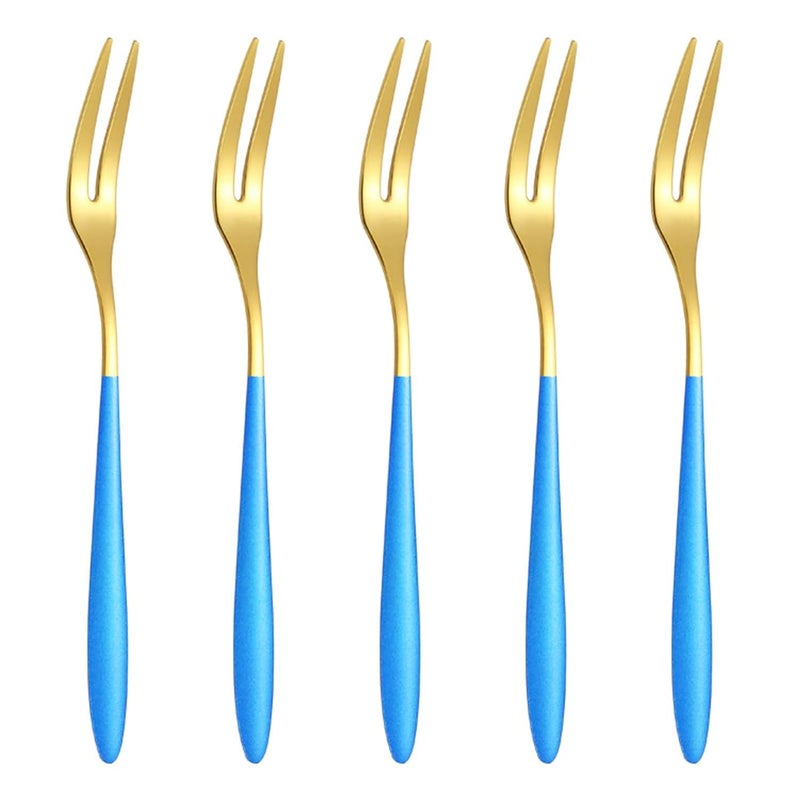 Vortipu Fruit Forks Lovely Lightweight Portable Stainless Steel Fruit Cutlery Tea Dessert Forks for Home Blue Golden Set of 5 - Image 1