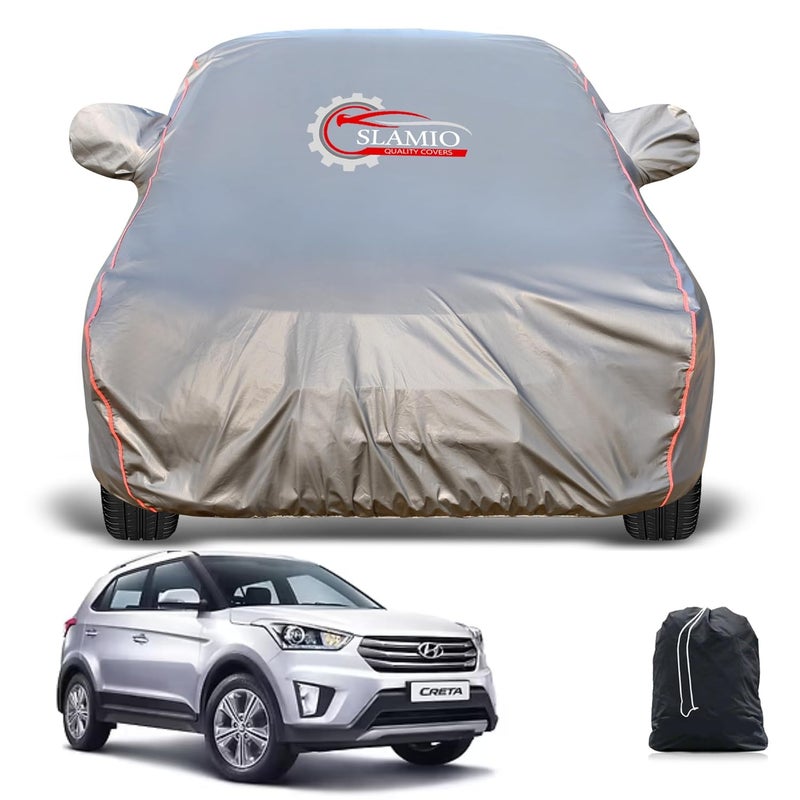 Slamio Heavy-Duty Car Body Cover for Hyundai's Creta (2020-2025) | Waterproof, Dustproof, UV Protection, Custom Fit, Heavy Belt & Buckle with Mirror & Antenna Pocket | Dark Grey - Image 1