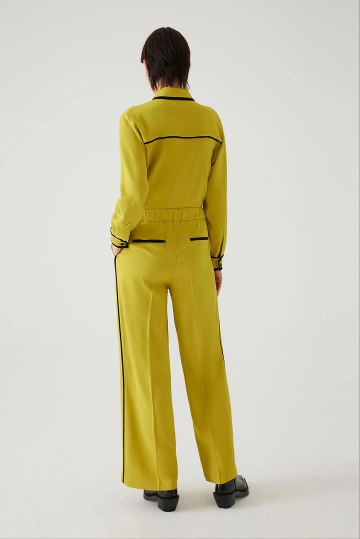 Exquise Regular Knit Yellow Trousers with Elastic Waistband and Piping Detail