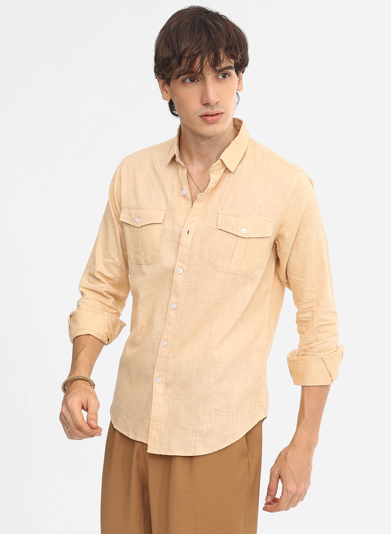 Campus Sutra Men's Pale Yellow Heathered Utility Shirt - Image 3