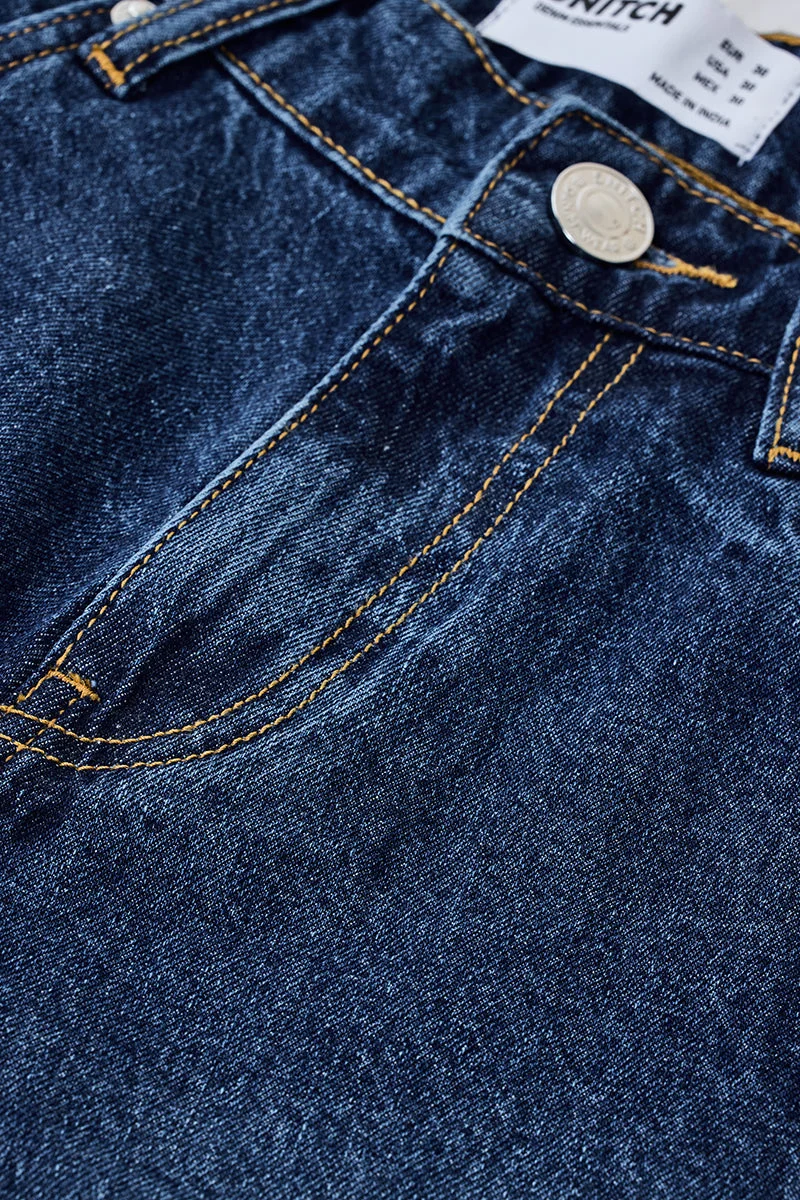 SNITCH Medium Blue Medium Blue Solid Wide Leg Casual Jeans for Men | Best Price UAE