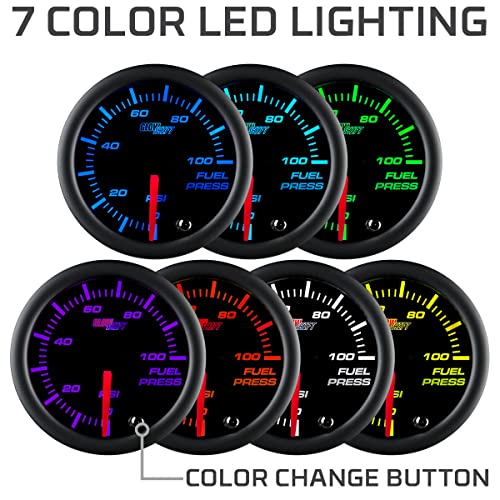 GlowShift Tinted 7 Color 100 PSI Fuel Pressure Gauge Kit - Includes 1/8-27 NPT Electronic Sensor & Wiring - Multi-Color Display - Black Dial - Smoked Lens - for Car & Truck - 2-1/16" 52mm - Image 4