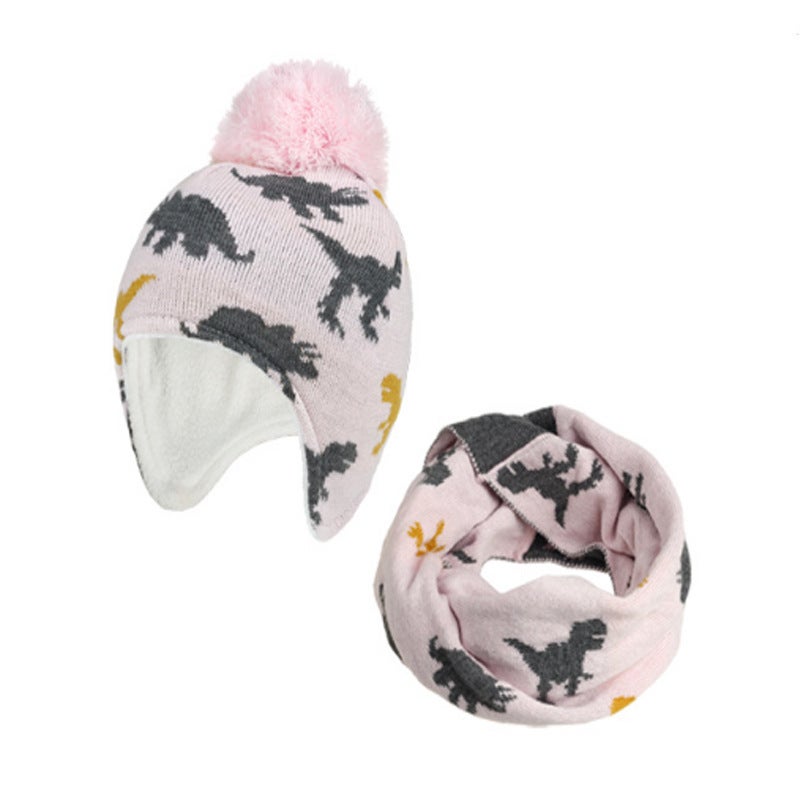 Kids Dinosaur Earflap Hat Scarf Set Pink L 4-5 years old 