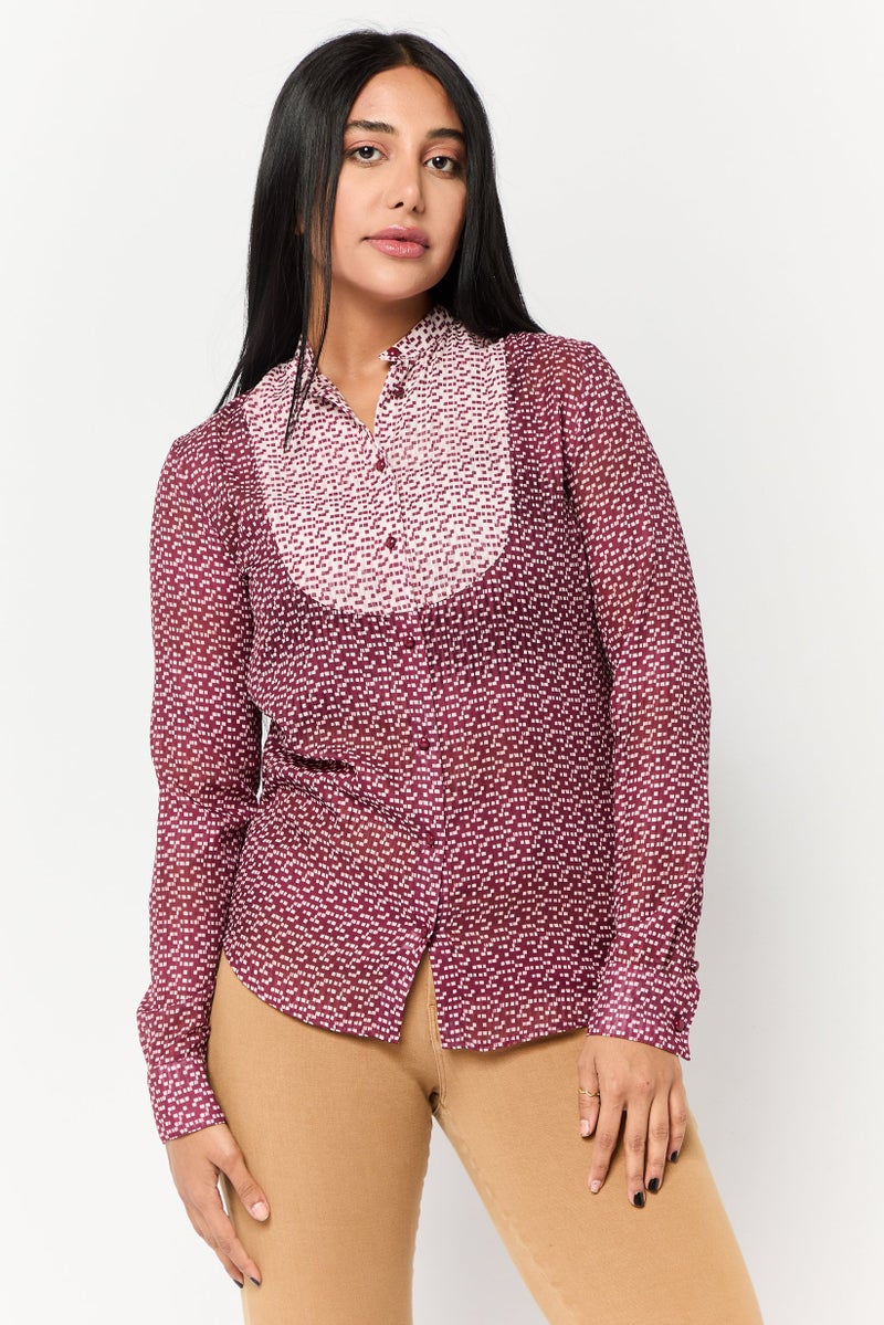 Harmont & Blaine Women Band Collar Long Sleeves Allover Print Blouse, Multicolor - Image 1