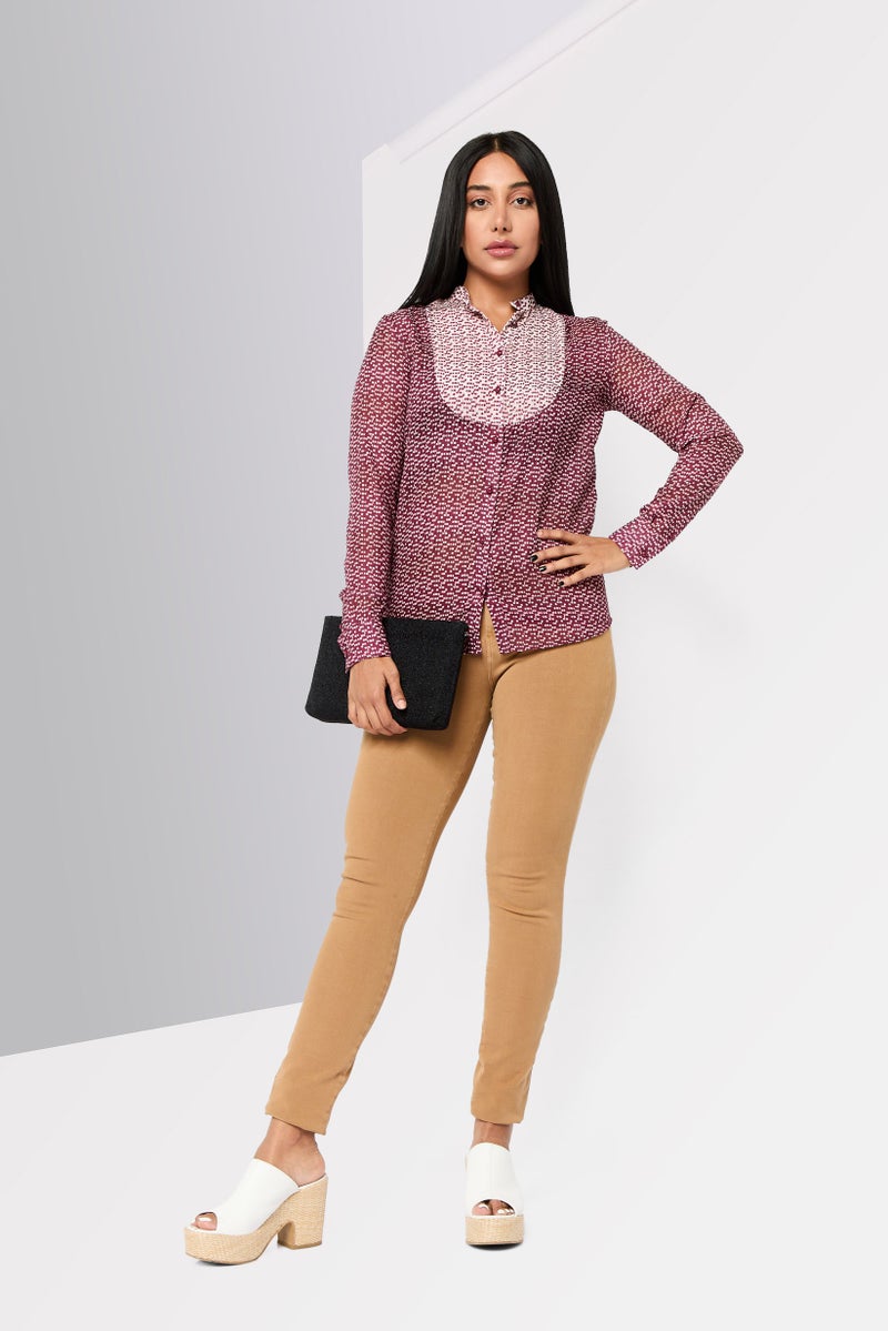 Harmont & Blaine Women Band Collar Long Sleeves Allover Print Blouse, Multicolor - Image 2