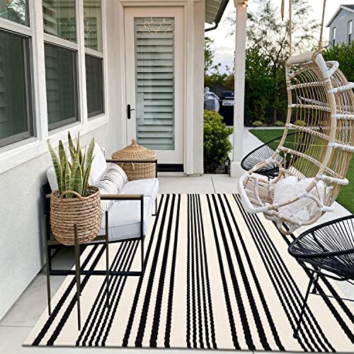 LEEVAN Black and White Indoor Outdoor Rug, 5’x8’ Cotton Striped Reversible Washable Modern Farmhouse Rug, Hand-Woven Large Patios Area Rug Carpet Mat for Clearance Bedroom Living Room Balcony Decor - Image 1