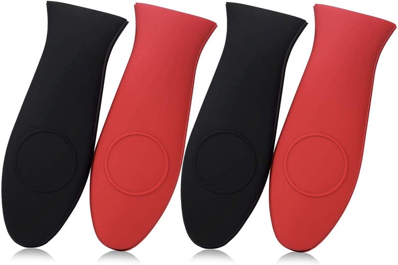 SKEMIX 4 Packs Silicone Hot Handle Holder Kitchen Heat Resistant Fry Pan Milk Pot Sleeve Grip Handle Cover Potholder for Cast Iron Skillets Griddles Metal  Aluminum Cookware  Black  Red