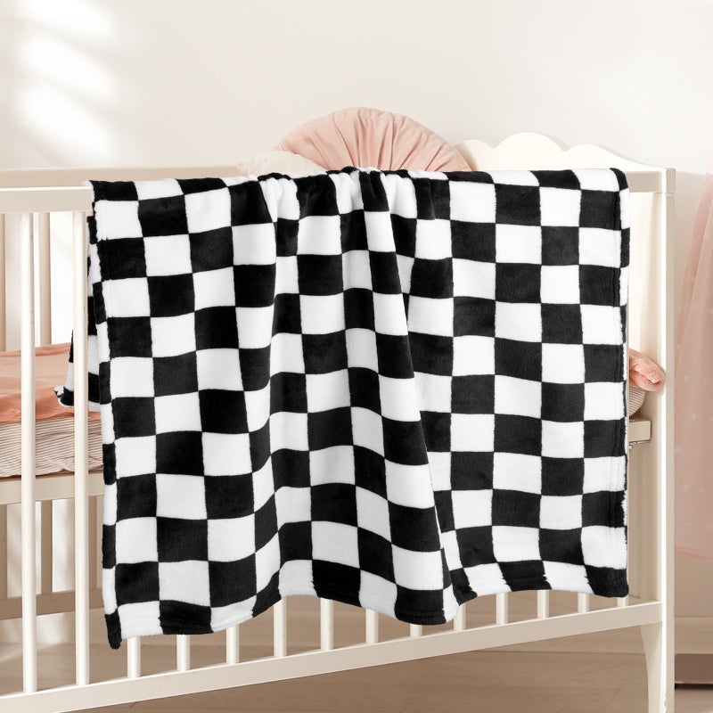 GreatBba Plush Checkered Baby Blanket for Boys Girls Nursery, 30"*40" Warm Short Fleece Blanket Neutral for Infant Newborn, Small Fuzzy for Sleeping, Chenille Baby for Stroller (Black&White) - Image 3