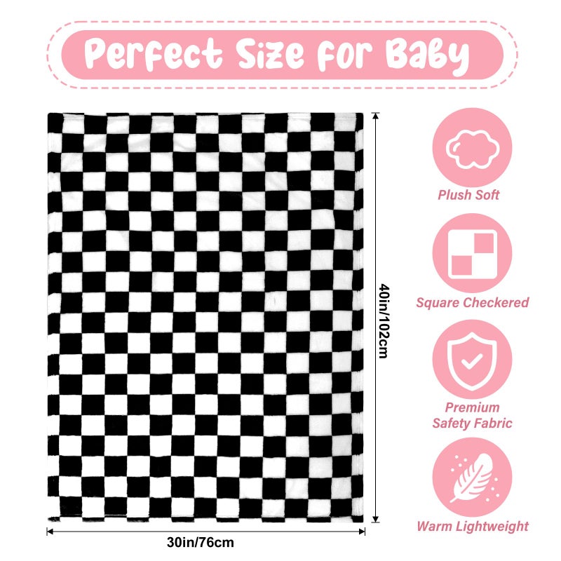 GreatBba Plush Checkered Baby Blanket for Boys Girls Nursery, 30"*40" Warm Short Fleece Blanket Neutral for Infant Newborn, Small Fuzzy for Sleeping, Chenille Baby for Stroller (Black&White) - Image 5