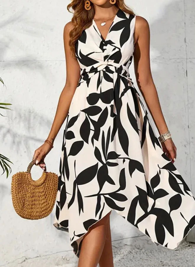 SIMPLEE Sleeveless Leaves Print Dress