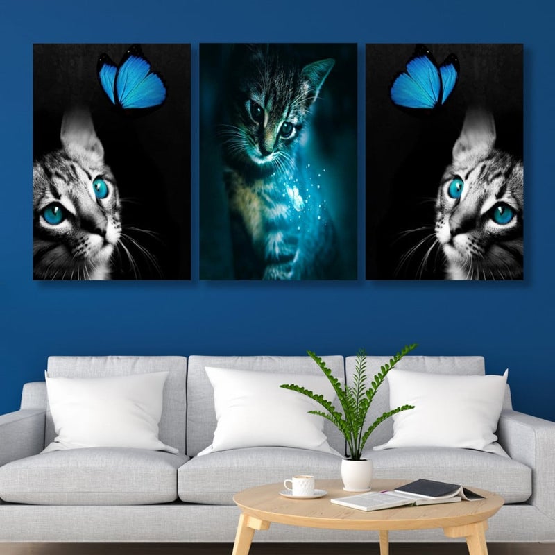 ماركتنا ثلاث لوحات قماشية بتصميم قطط مع برواز مجوف مقاس (150×70) ثلاث قطع - Image 1