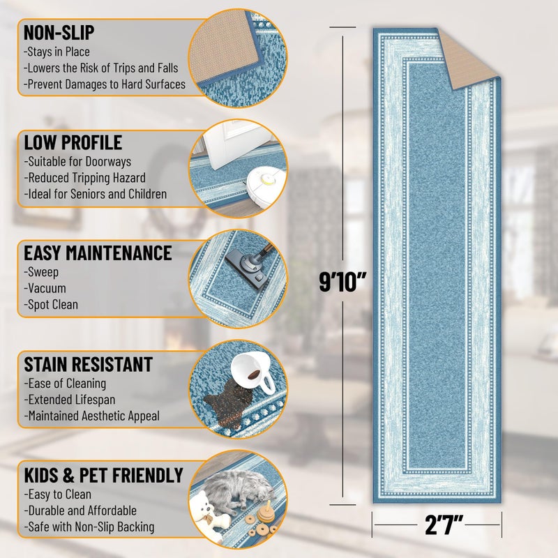 Ottomanson Hallway Runner Rug 2'7" x 9'10" Non Slip Border Area Rugs Easy to Clean Laundry Rug Runner Durable & Pet Friendly Floor Carpet Runners for Hallways Entryway Living Room Kitchen, Turquoise - Image 2