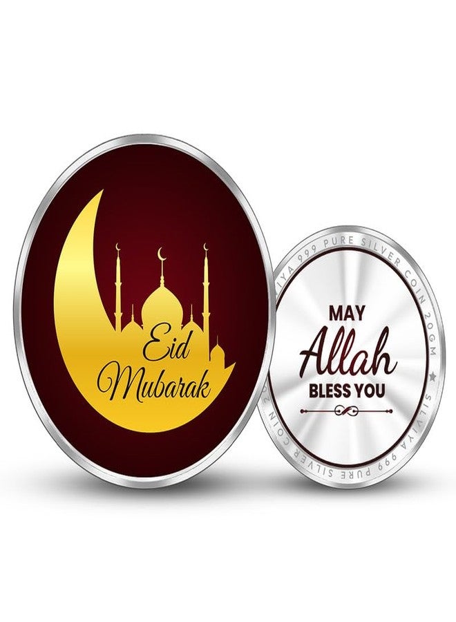 Silviya BIS Hallmarked Eid Mubarak 999 Pure Silver Coin (20 Gram) Round Shape: Islamic Festival Gift - Eid al-Fitr Celebration - Religious Commemorative - Image 1
