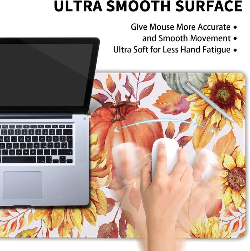 aportt Fall Pumpkin Sunflowers Mouse Pad XL Watercolor Retro Autumn Leaves Floral Extended Desk Mat Non-Slip Rubber Base Stitched Edge Large XL Thanksgiving Mousepad for Desk Gaming Laptop,31.5×11.8 in - Image 4