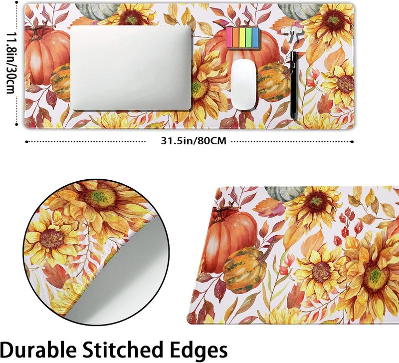 aportt Fall Pumpkin Sunflowers Mouse Pad XL Watercolor Retro Autumn Leaves Floral Extended Desk Mat Non-Slip Rubber Base Stitched Edge Large XL Thanksgiving Mousepad for Desk Gaming Laptop,31.5×11.8 in - Image 2