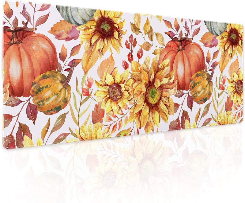 aportt Fall Pumpkin Sunflowers Mouse Pad XL Watercolor Retro Autumn Leaves Floral Extended Desk Mat Non-Slip Rubber Base Stitched Edge Large XL Thanksgiving Mousepad for Desk Gaming Laptop,31.5×11.8 in - Image 1