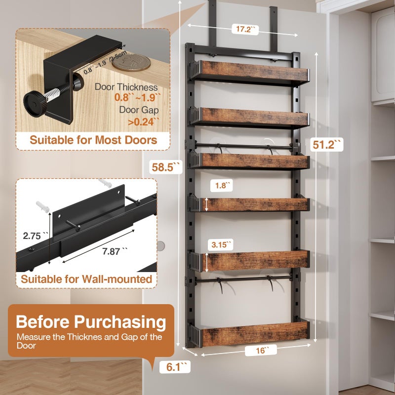 DAOTENGQL 6-Tier Over The Door Pantry Organizer, Heavy-Duty Metal Wall Mount or Hanging Spice Rack, behind the door storage Shelves with Adjustable Basket, Back of Door Organizer for Kitchen Cabinet and Closet - Image 2