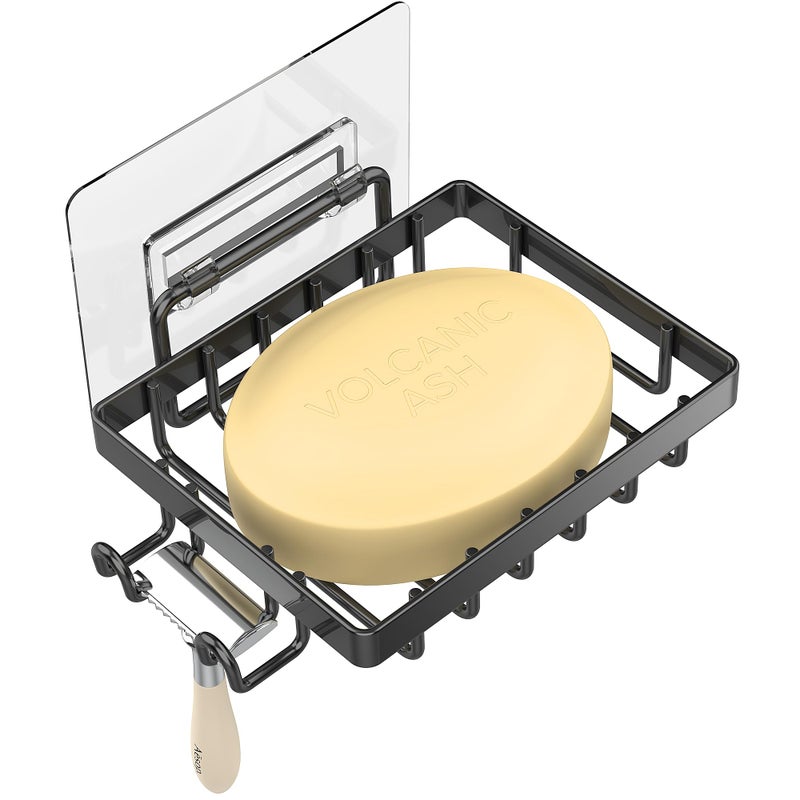 Moforoco Black Soap Dish Soap Bar Holder for Shower No Drilling Bathroom Accessories Wall Mounted Soap Holder with Hooks Shower Rack Tray Bar for Suitable for Bathroom Kitchen Sink