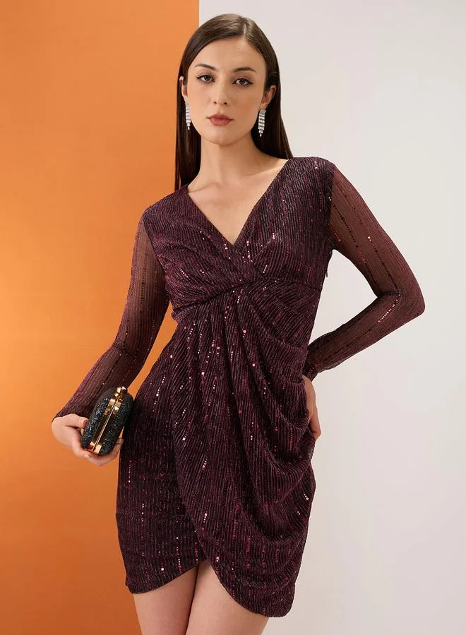 globus Maroon Wrap V-Neck Embellished Tulip Hem Mini Dress