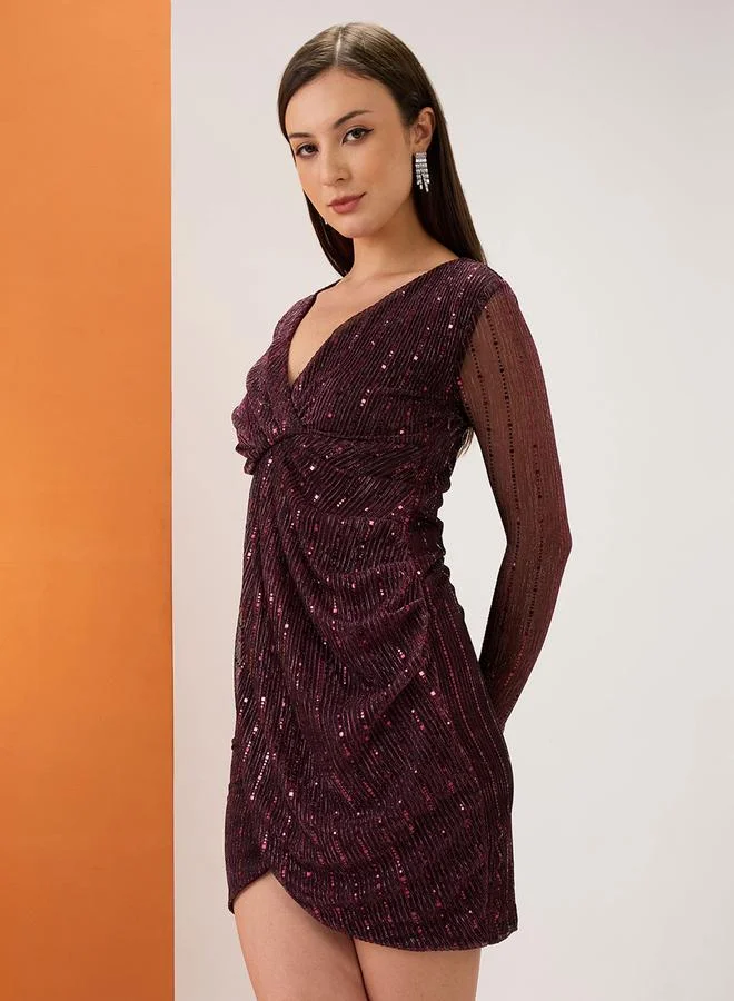 globus Maroon Wrap V-Neck Embellished Tulip Hem Mini Dress