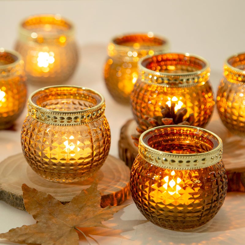 Amber Votive Candle HoldersSmall Glass Tea Light Holder 12pcsfor Wedding TableVintage Boho PartyHoliday Centerpieces Fall Decorations